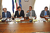 Riccardo Riccardi (Assessore regionale Infrastrutture), Domenico Crocco (Capo delegazione italiana CIG italo slovena), Mario Ciaccia (Viceministro Infrastrutture e Trasporti) e Jan Laurens Brinkhorst (Coordinatore UE TEN-T 6) nella sede della Regione. (Trieste 03/07/12)